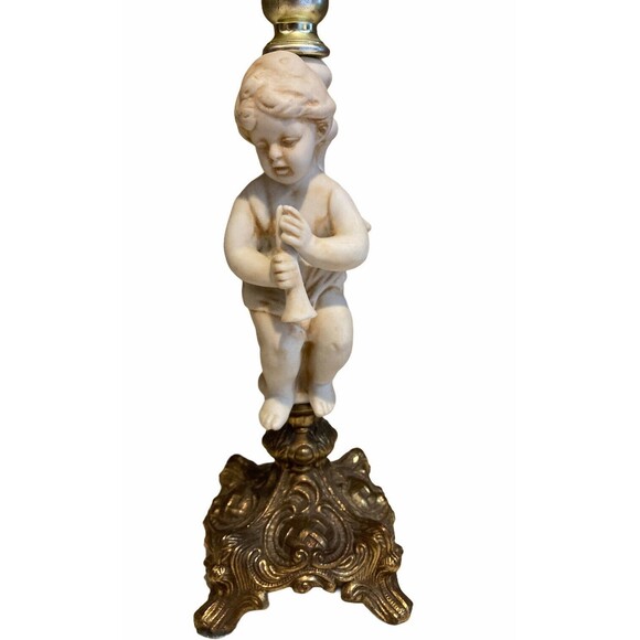 Vintage Mid Century Brass & Porcelain Bisque Cherub Lamp  Set of 2 Mid Century Ornate Brass & Porcelain Bisque Cherub Lamp B.M. 313 Japan